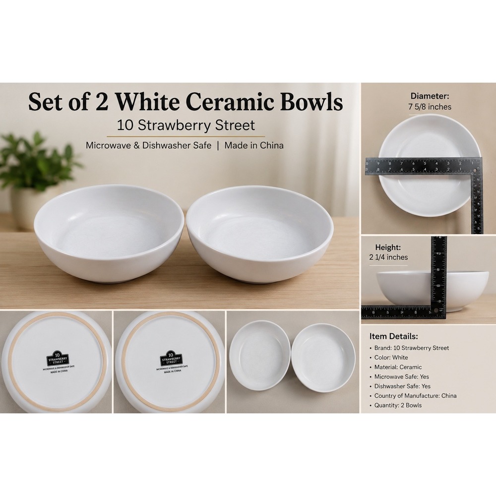 10 Strawberry Street White Ceramic Pasta Bowls Set of 2 Round 8 Inch Low Profile